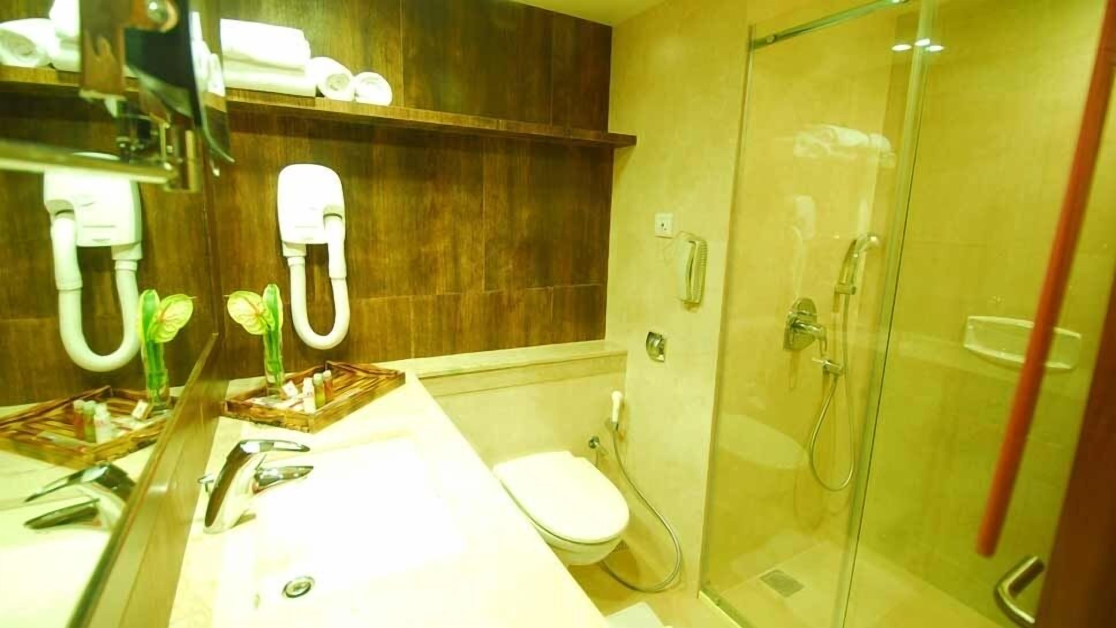 shower, free toiletries, hair dryer, towels