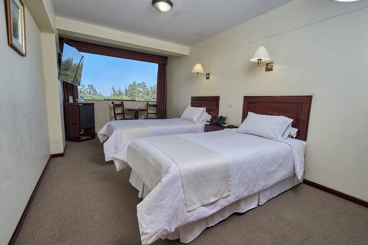 Une chambre d’hôtel avec deux lits, un bureau, une chaise, une télévision et une fenêtre donnant sur un beau paysage.