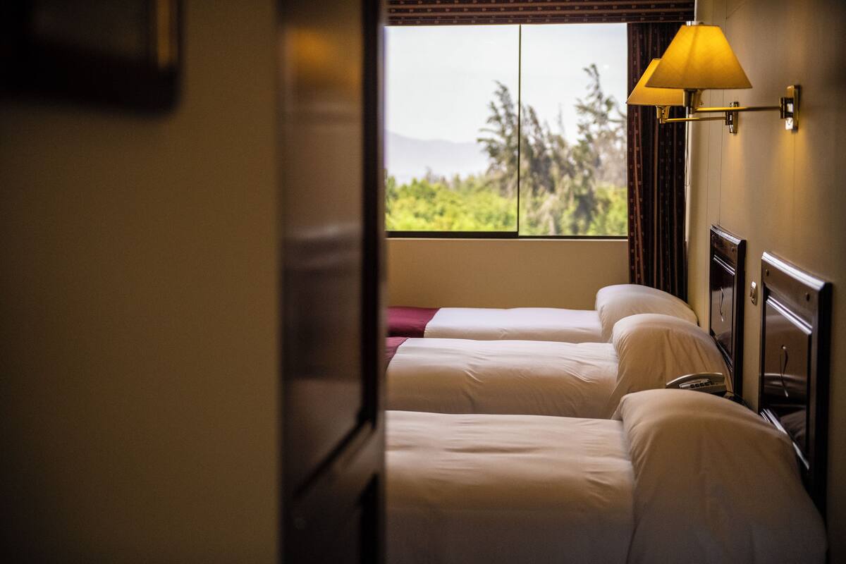 Une chambre d’hôtel avec deux lits, une fenêtre donnant sur un paysage verdoyant et une lampe fixée au mur.