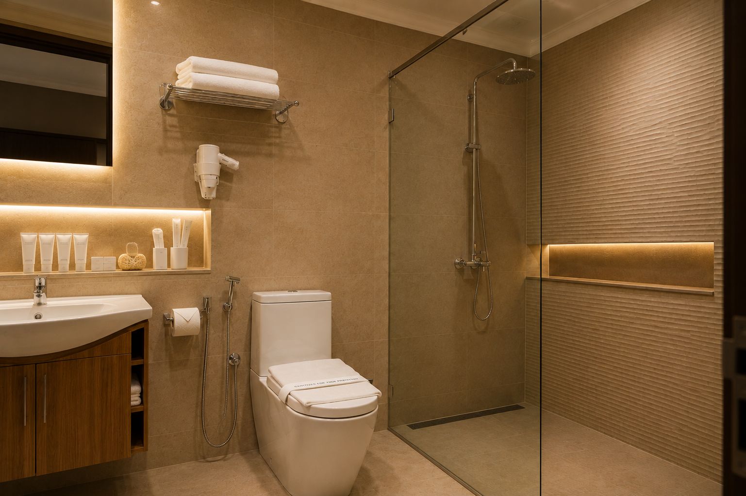 A modern bathroom with a glass-enclosed shower, a toilet, a sink, and a vanity with toiletries.