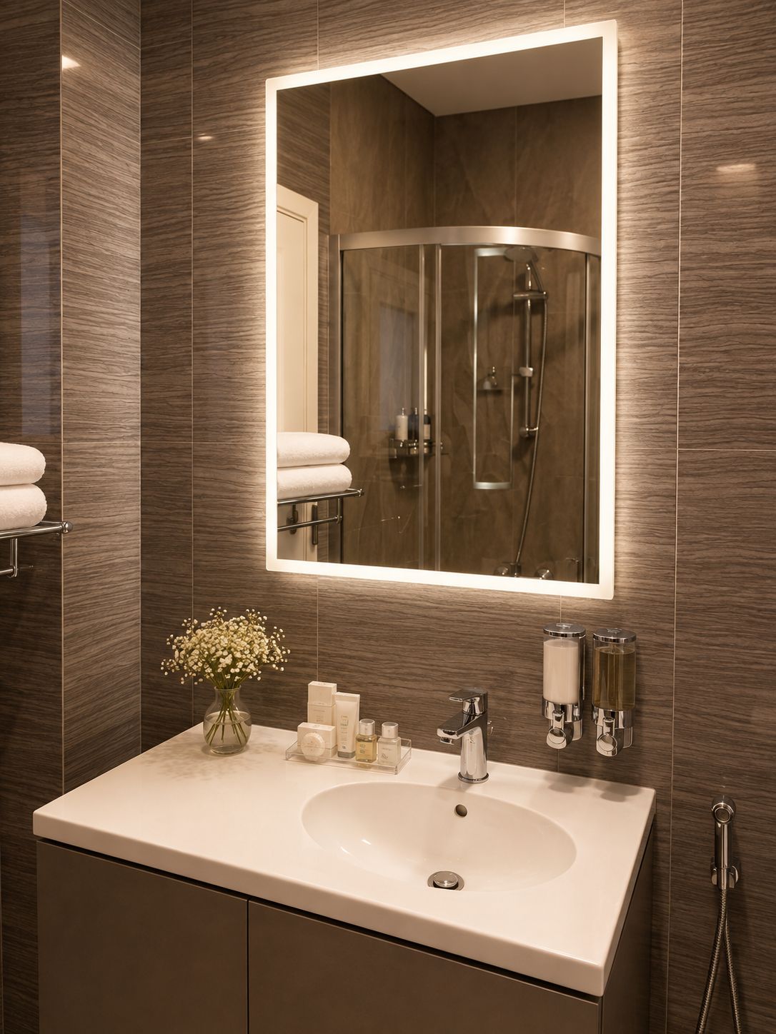 Un baño moderno con un espejo grande, un lavamanos y una ducha.