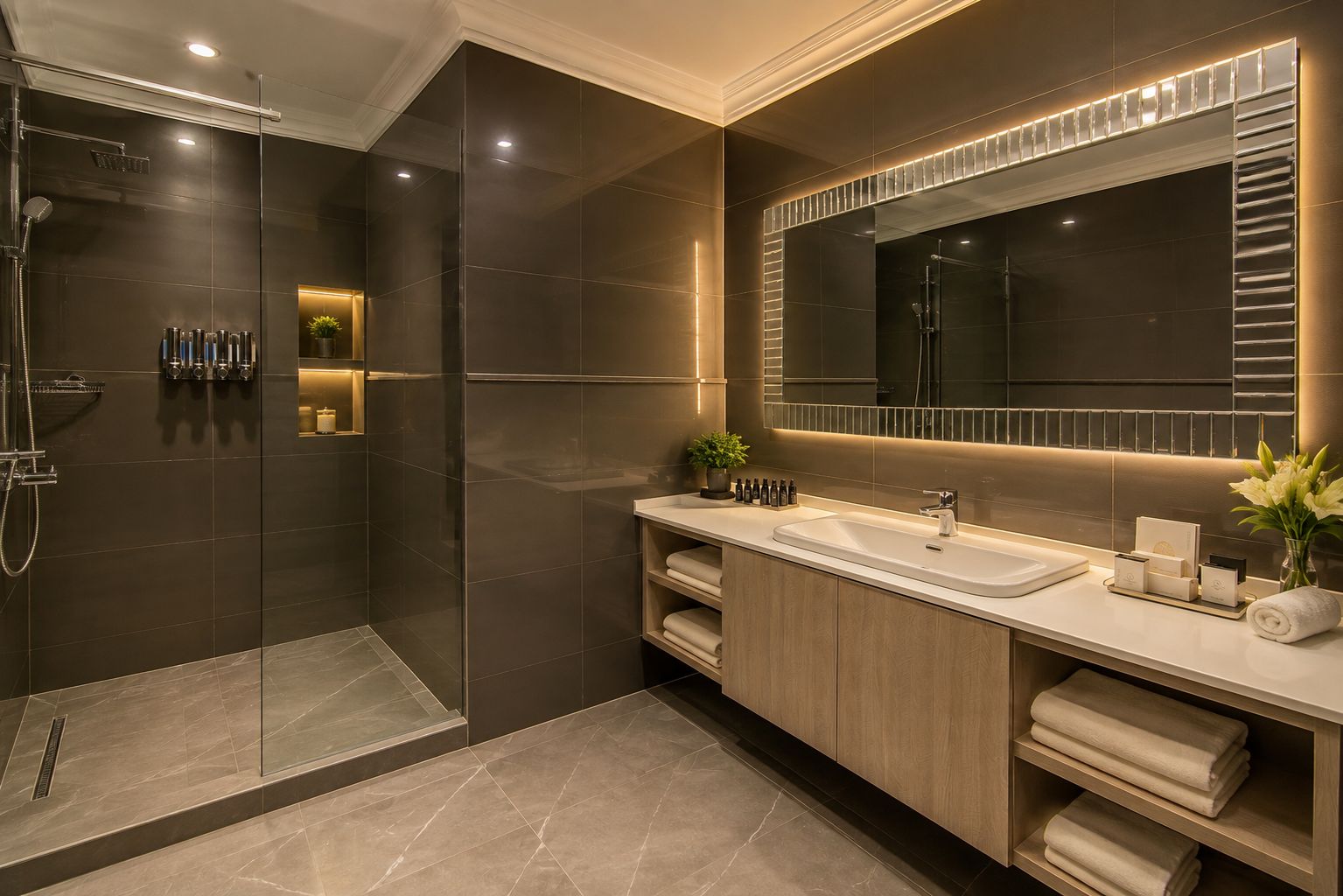 A modern bathroom with a glass-enclosed shower, a large mirror, and a vanity with a sink and towel storage.