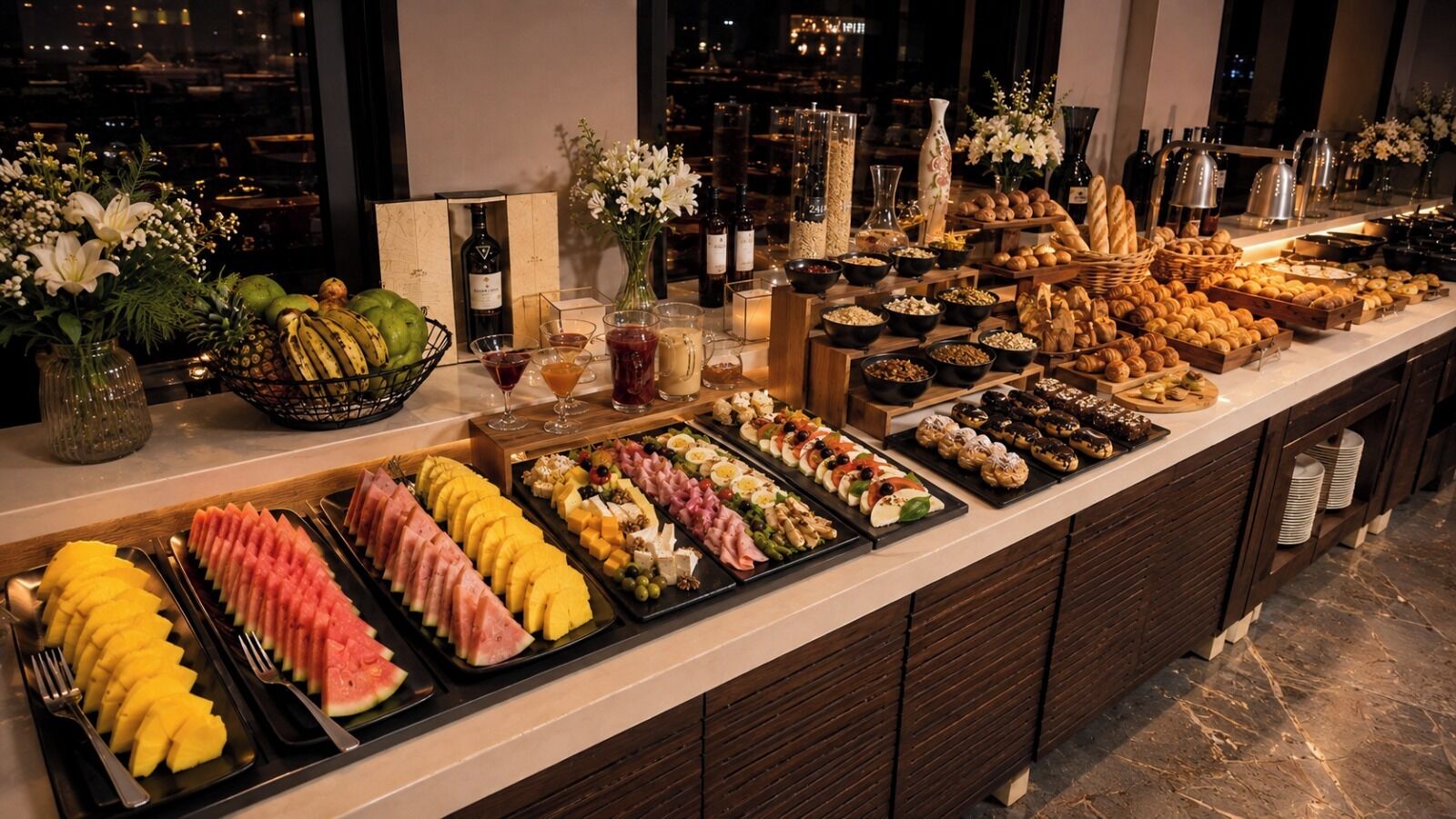 A buffet with various food items and beverages.