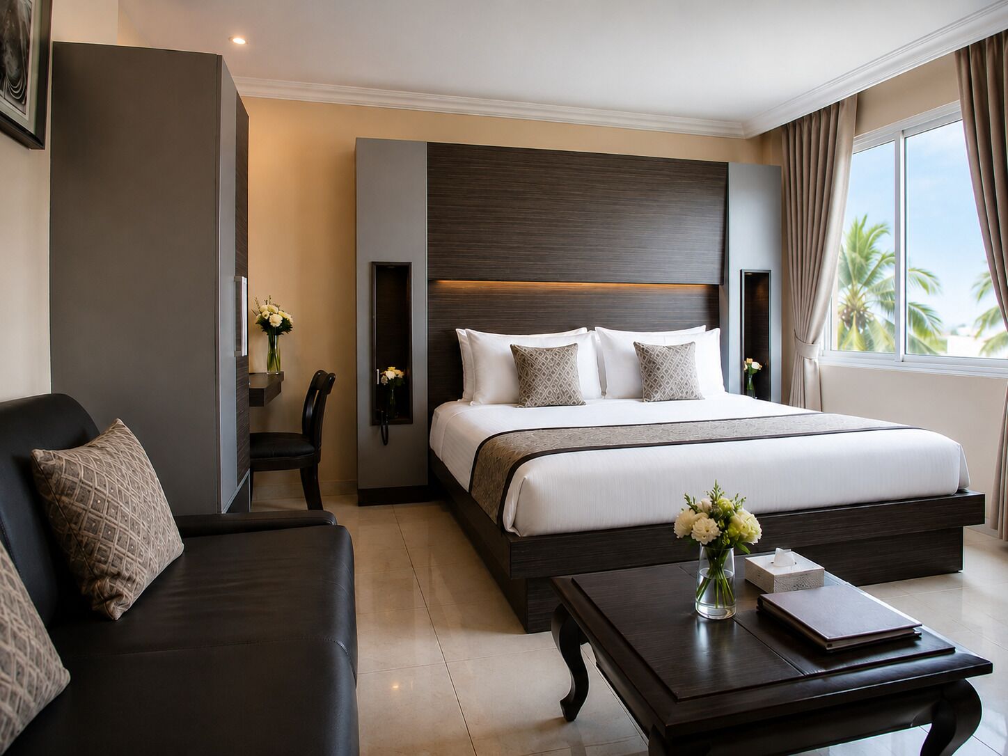 A hotel room with a bed, a sofa, a coffee table, and a view of palm trees.