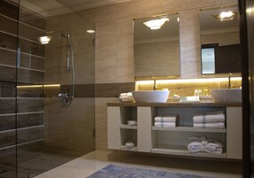 Suite presidencial | Baño | Ducha, artículos de higiene personal de diseño y secador de pelo