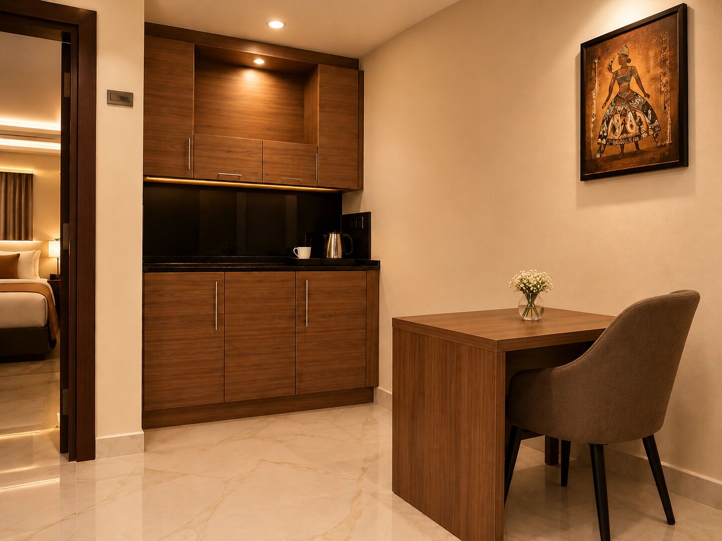 A modern kitchen with wooden cabinets and a dining area with a table and chair.