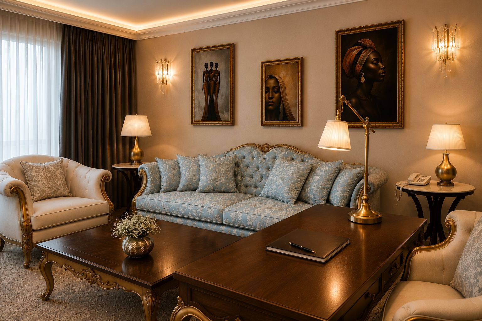 Une pièce élégamment aménagée avec un canapé capitonné, un fauteuil classique, une table basse en bois et deux lampes fixées au mur.