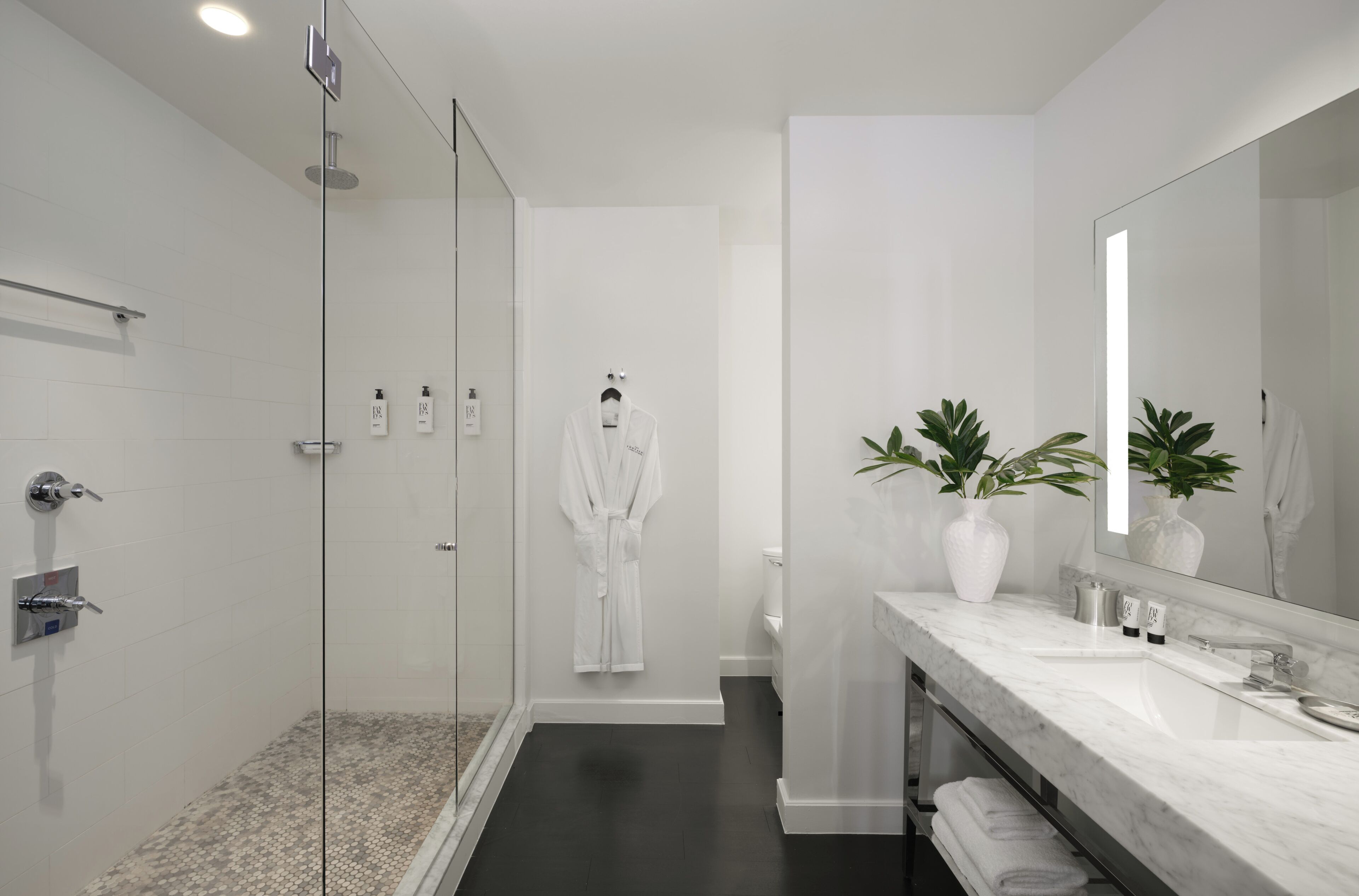 A modern bathroom with a glass shower enclosure, a white robe hanging, a large mirror, and two potted plants on the vanity.
