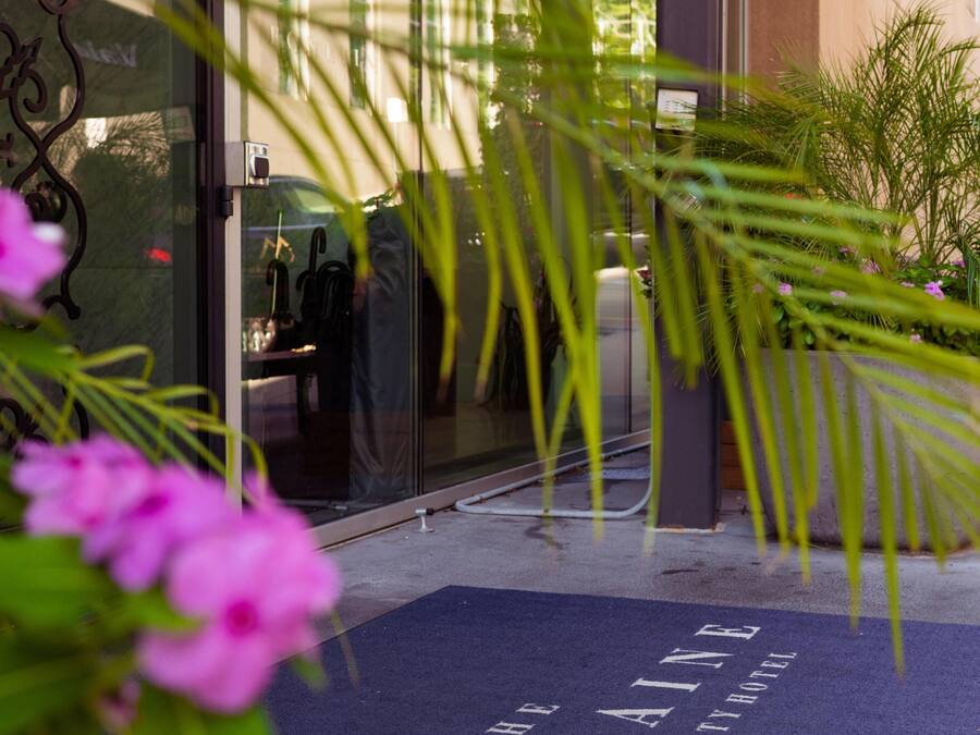 A hotel entrance with a blue carpet, glass doors, and a reflection of a car and building interior.