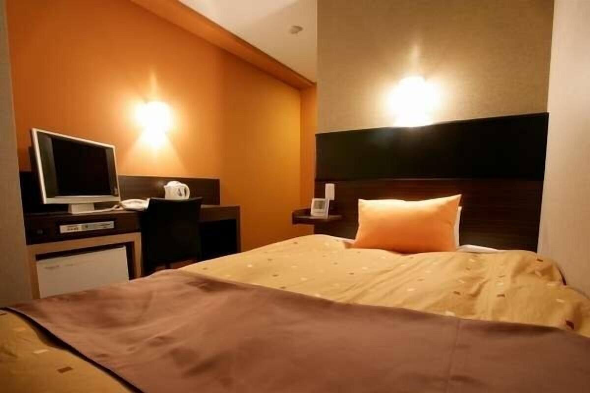 A hotel room with a bed, a desk with a computer, and a television.