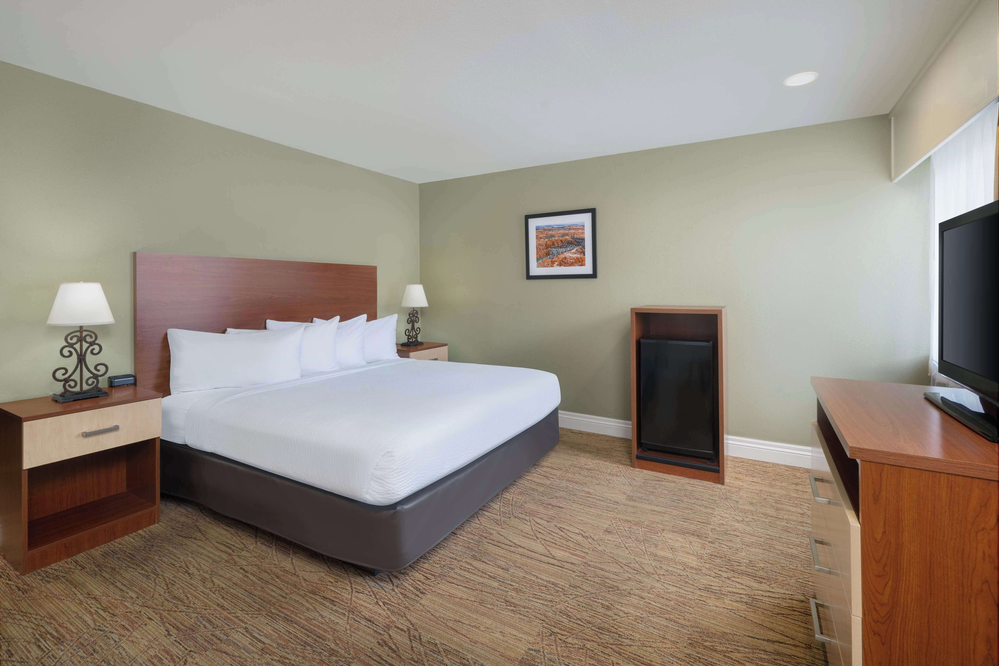 A hotel room with a large bed, two bedside tables with lamps, a TV, and a framed picture on the wall.