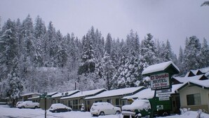 A motel with multiple cabins, each covered in snow, surrounded by a forest. - El Dorado Motel (Twain Harte)