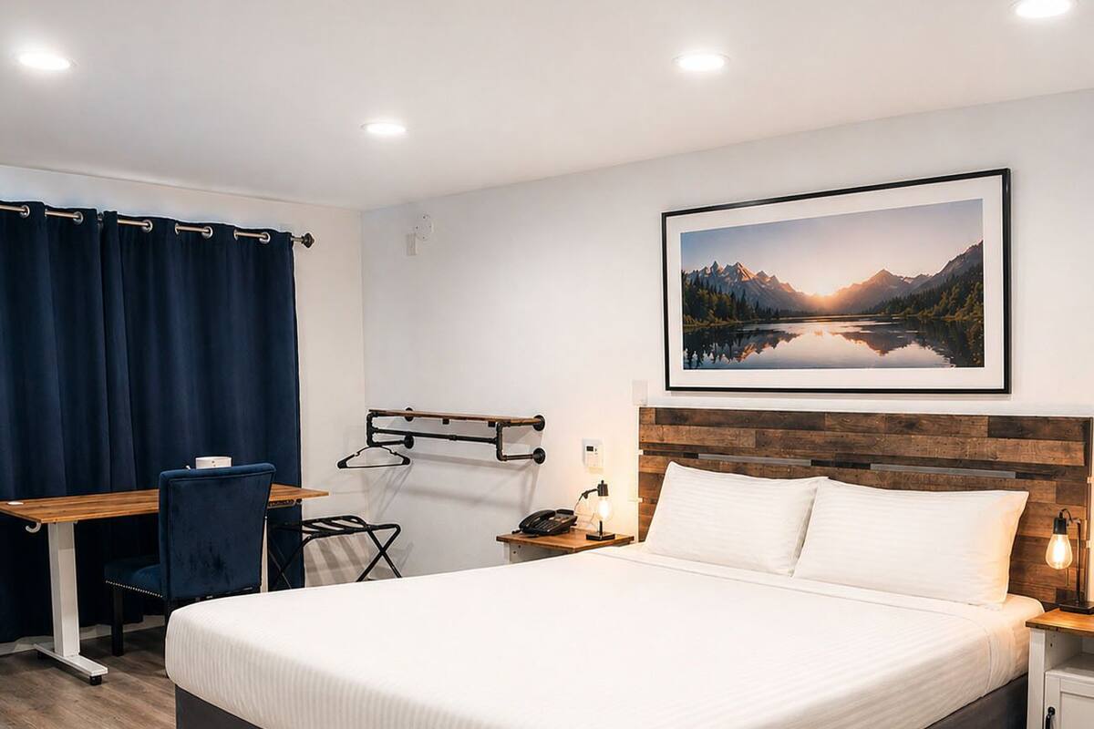 A hotel room with a bed, desk, chair, and a wall-mounted coat rack.