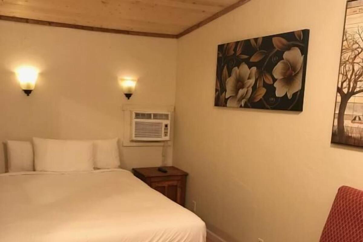 A bedroom with a bed, a nightstand, an air conditioner, a chair, and wall-mounted lights.