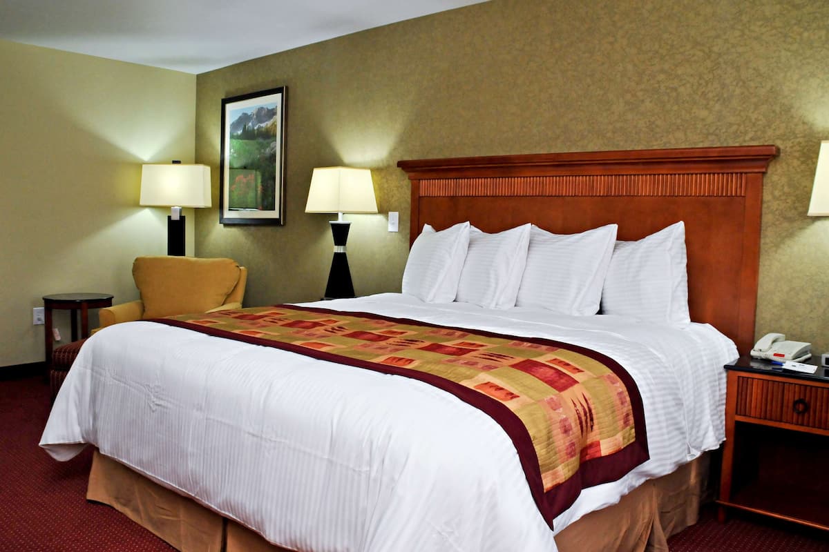 A hotel room with a large bed, two bedside lamps, a nightstand with a phone, and a chair.