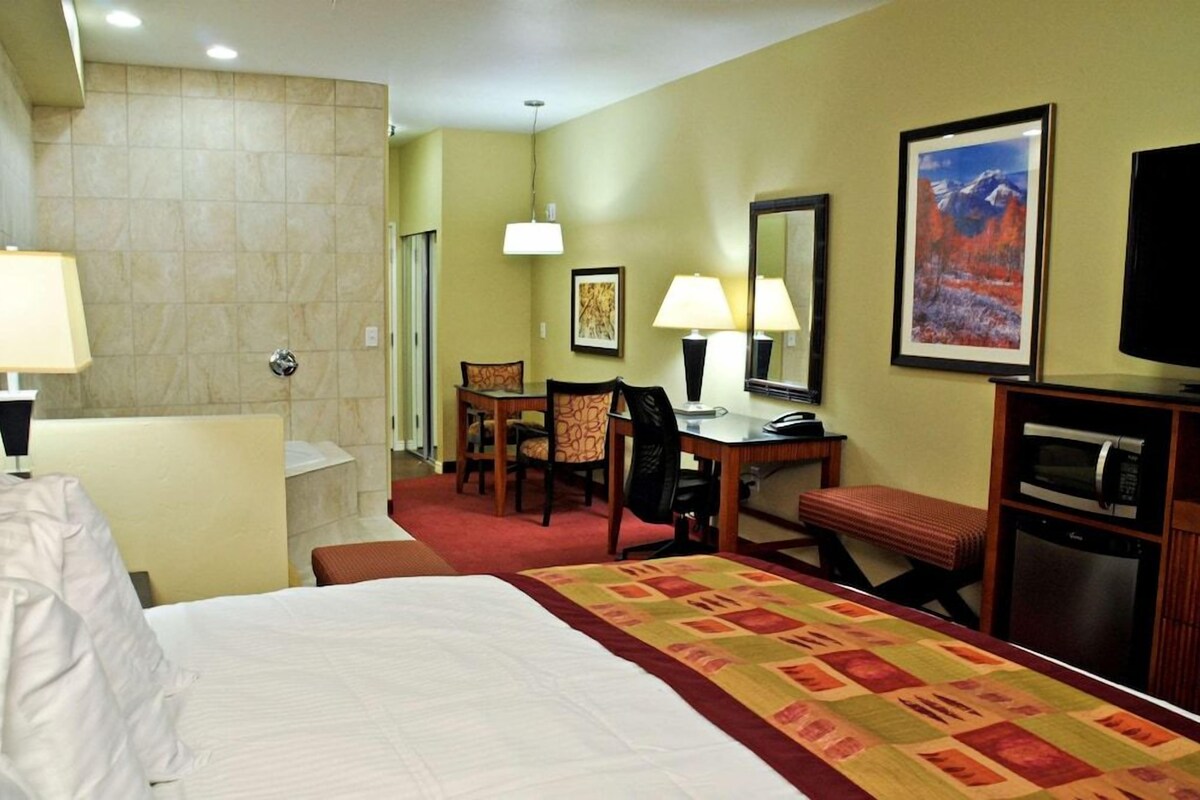 A hotel room with a bed, a desk with a chair, a television, and a microwave.