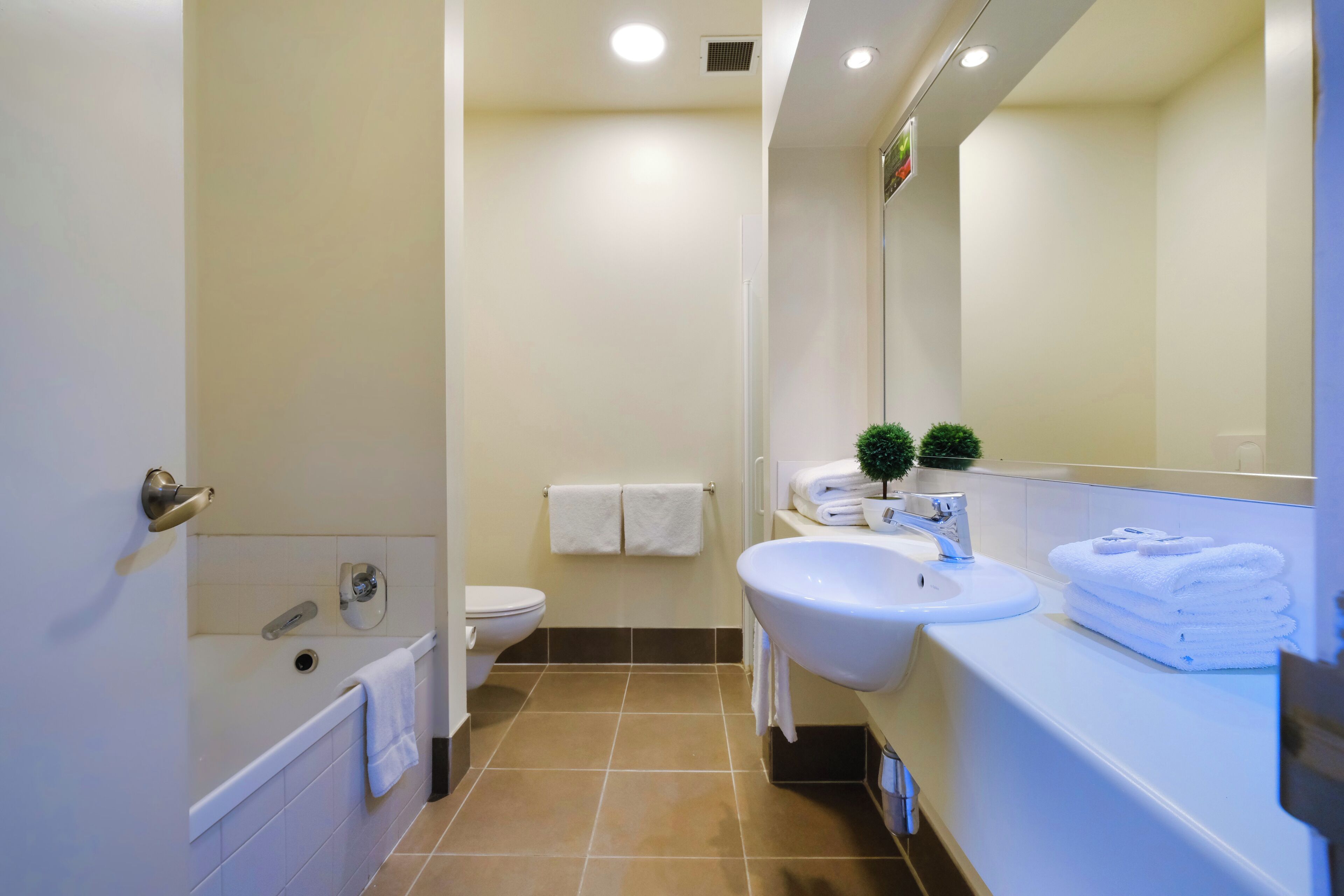 Un baño moderno con bañera, inodoro, lavabo y un espejo grande.