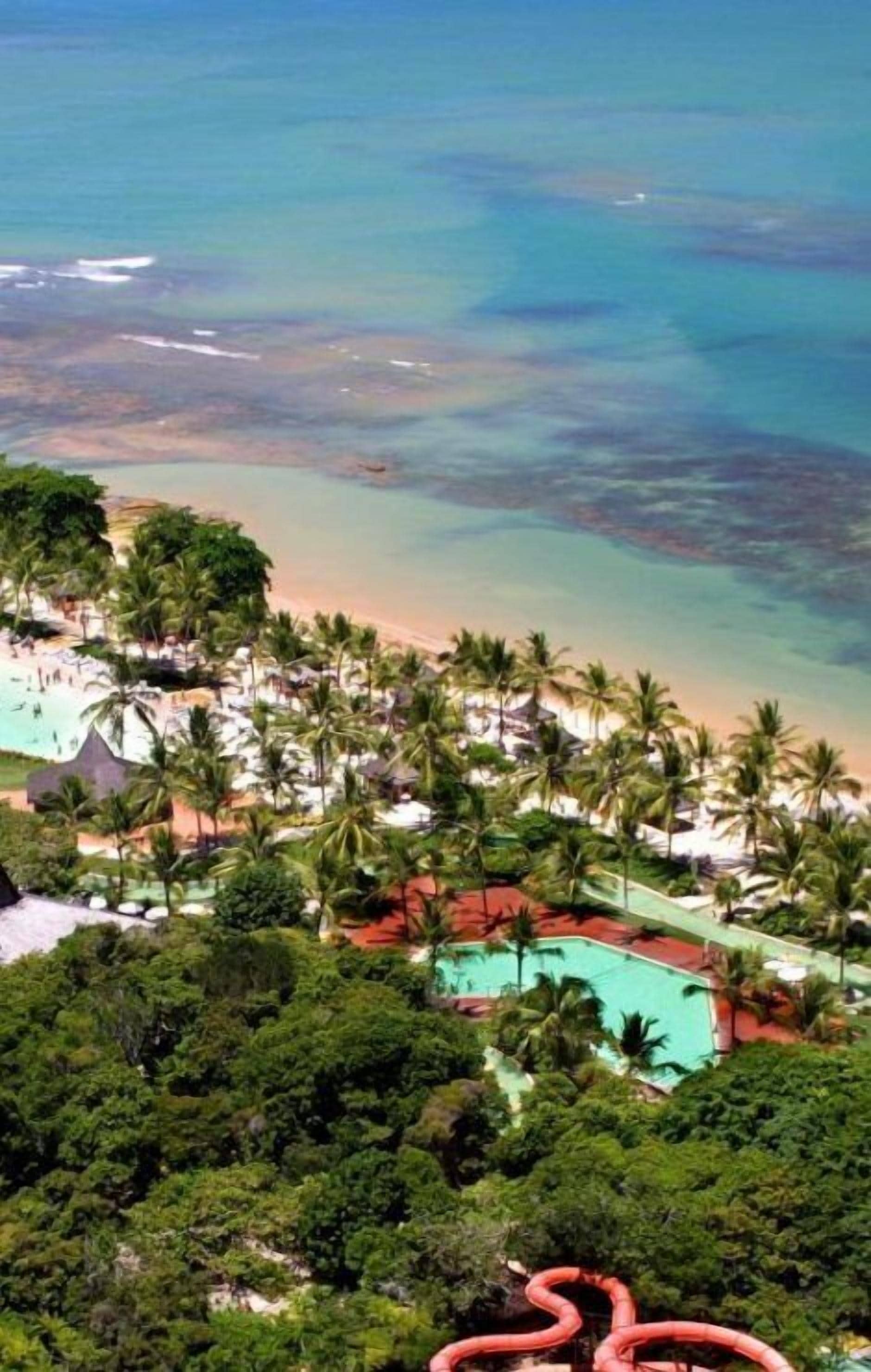 A tropical resort with a beach, palm trees, and a pool area.