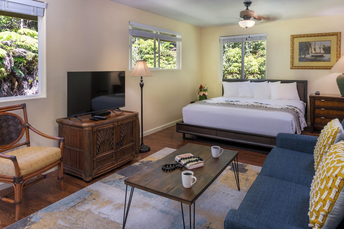Une chambre à coucher comprenant un lit, un téléviseur, une table basse, un canapé et une armoire en bois.