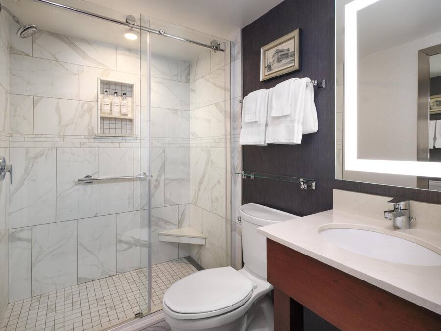 A bathroom with a glass-enclosed shower, a white toilet, a vanity with a sink, and a mirror.