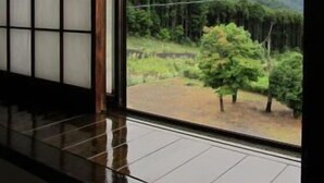 Ein Zimmer mit Tatami-Böden und einem großen Fenster mit Blick auf einen bewaldeten Hang.