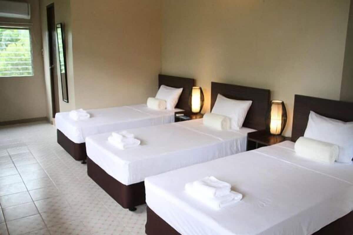 A hotel room with three single beds, each with white linens and towels. There are bedside lamps on each nightstand.