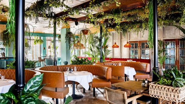 Un restaurante con mesas redondas y cabinas, plantas verdes colgando del techo y suelo de ladrillo.