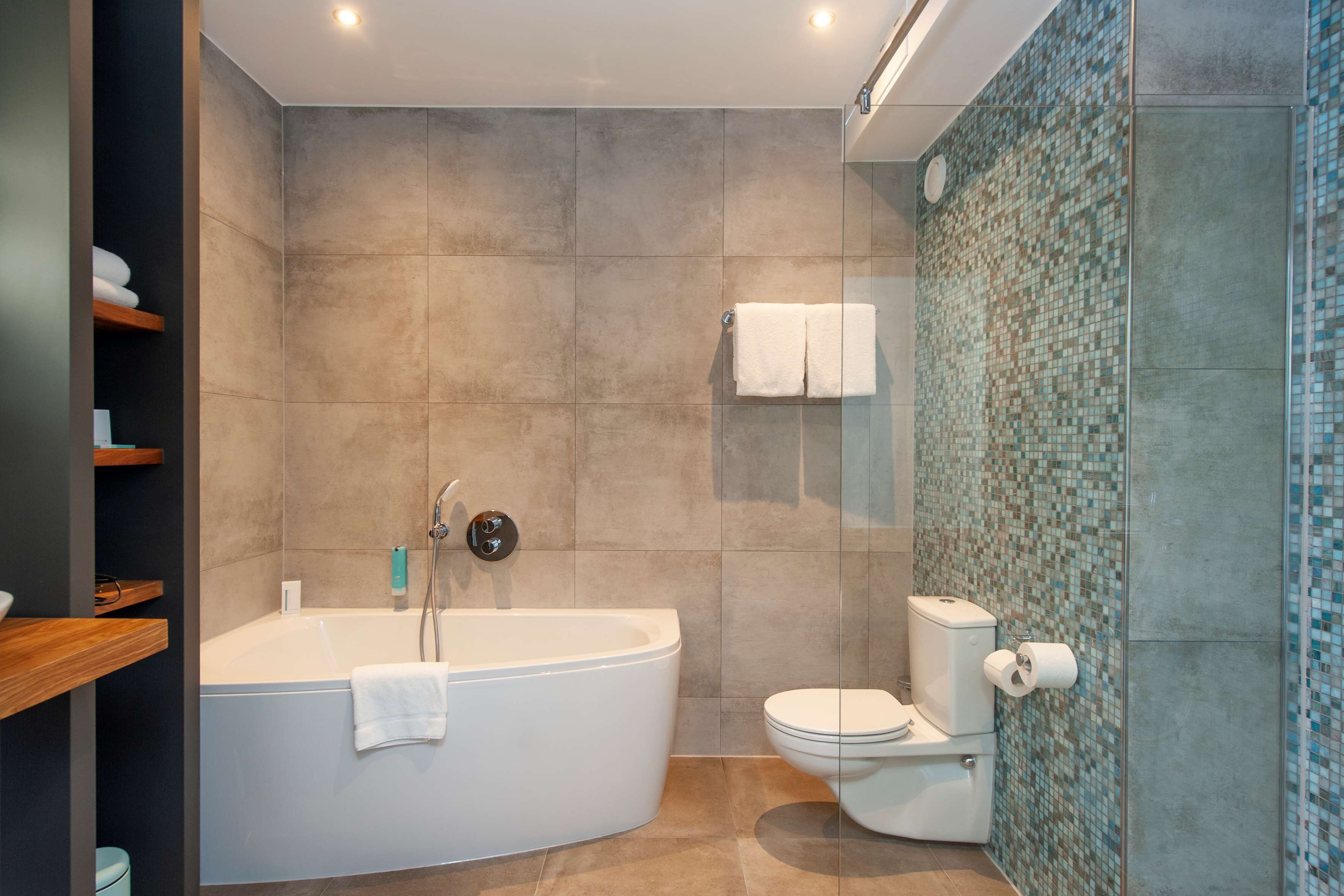 A modern bathroom with a freestanding bathtub, a toilet, and a shower area.