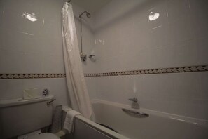 Combined shower/bathtub, free toiletries, hair dryer, towels