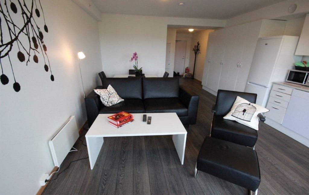 A modern living room with a black leather sofa, a white coffee table, and a black armchair. There is a white cabinet with a microwave and a small table with a flower vase.
