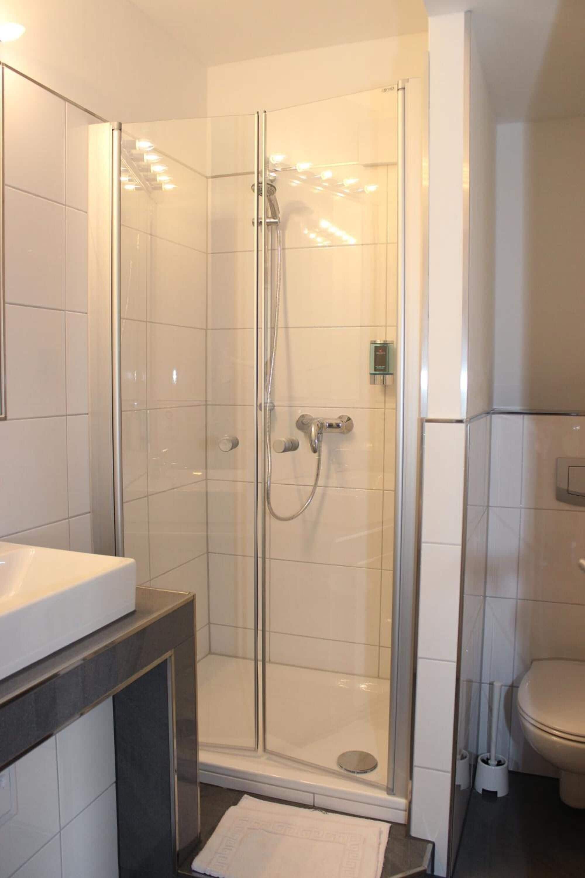Shower, free toiletries, hair dryer, towels