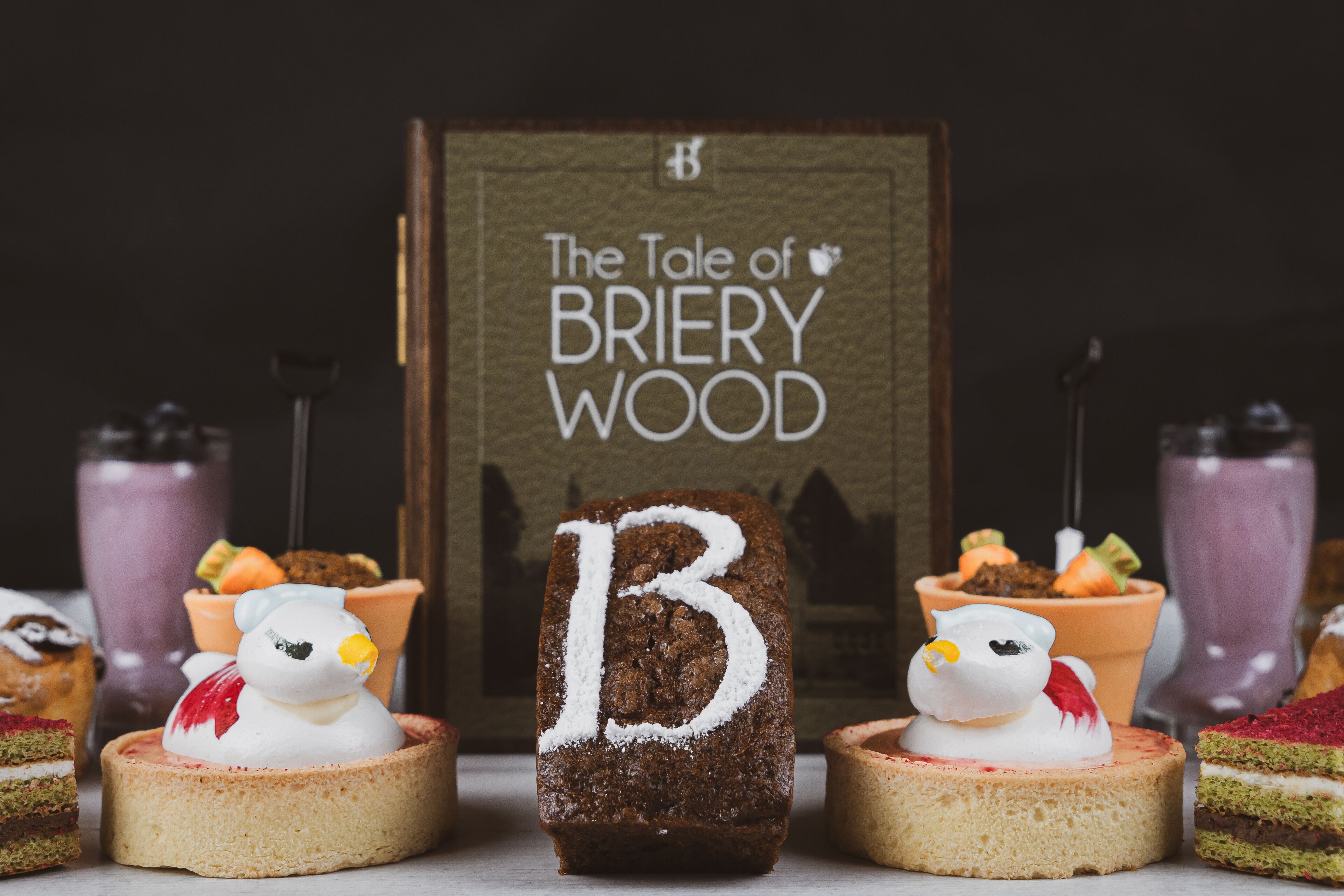 Een boek met de titel 'The Tale of Briery Wood', met een grote letter 'B' op de omslag, omringd door diverse desserts.