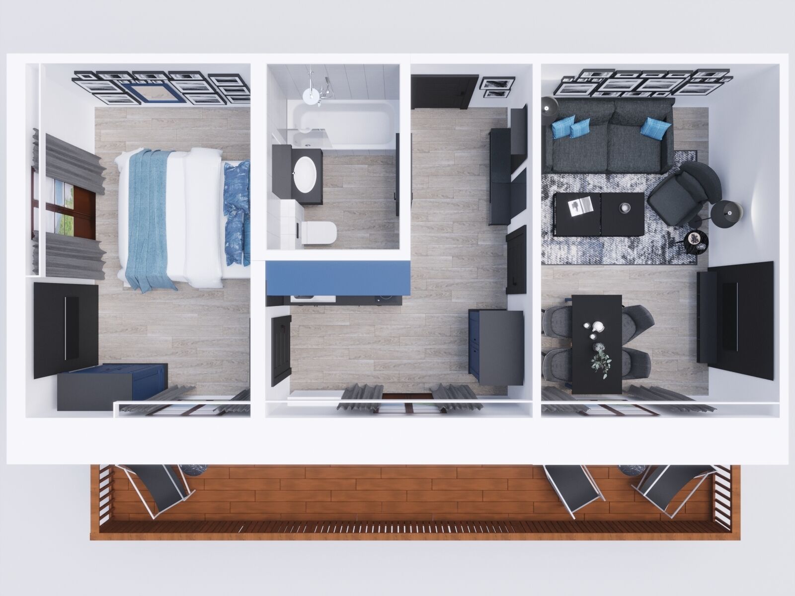 Een modern appartement met een zithoek, keuken en badkamer.