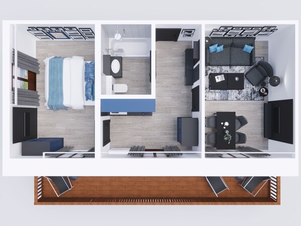 A modern apartment layout with a living area, kitchen, and bathroom. - MONDI Hotel am Grundlsee (Grundlsee)