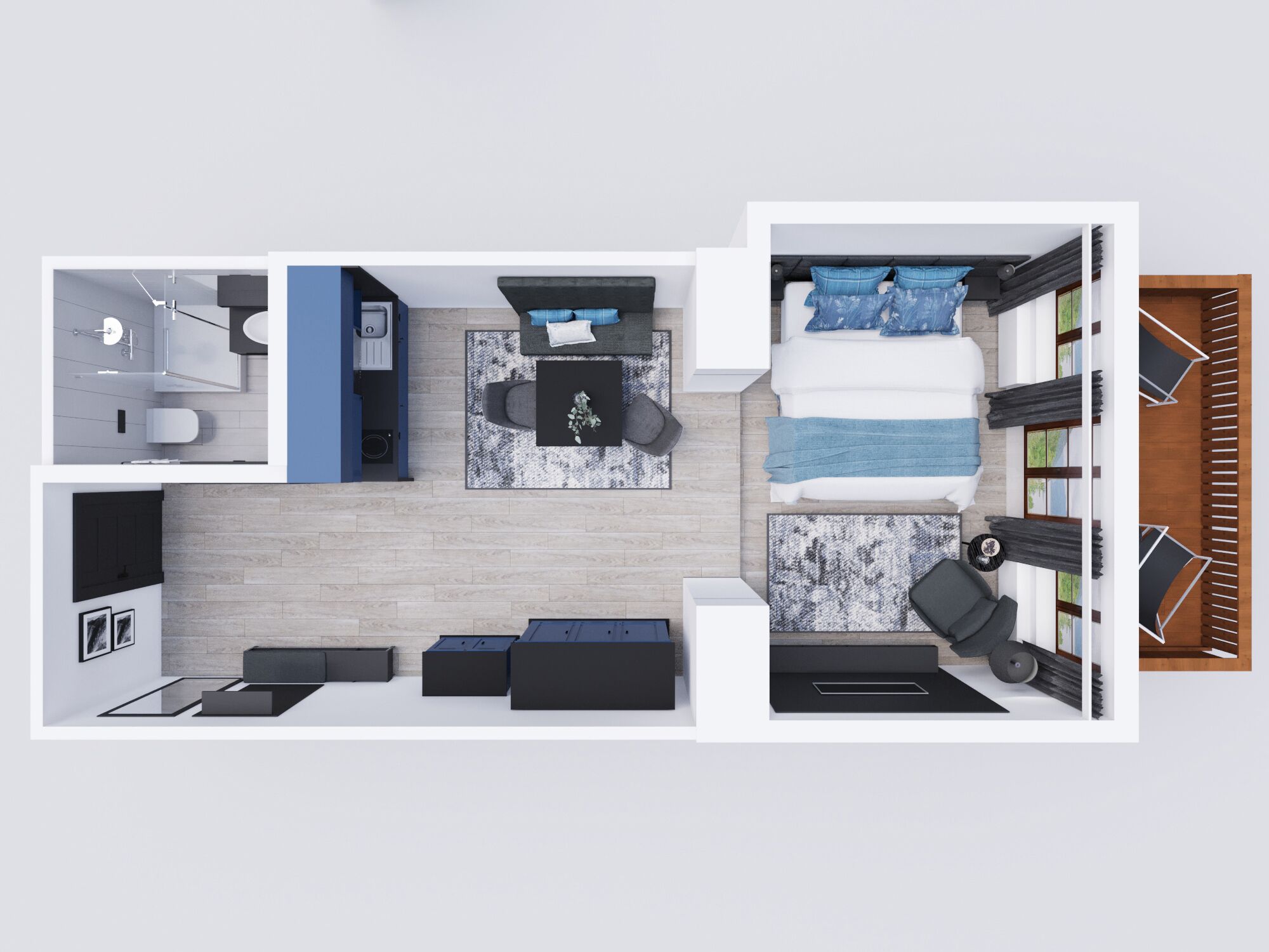 A modern apartment layout with a kitchen, dining area, and a bedroom.