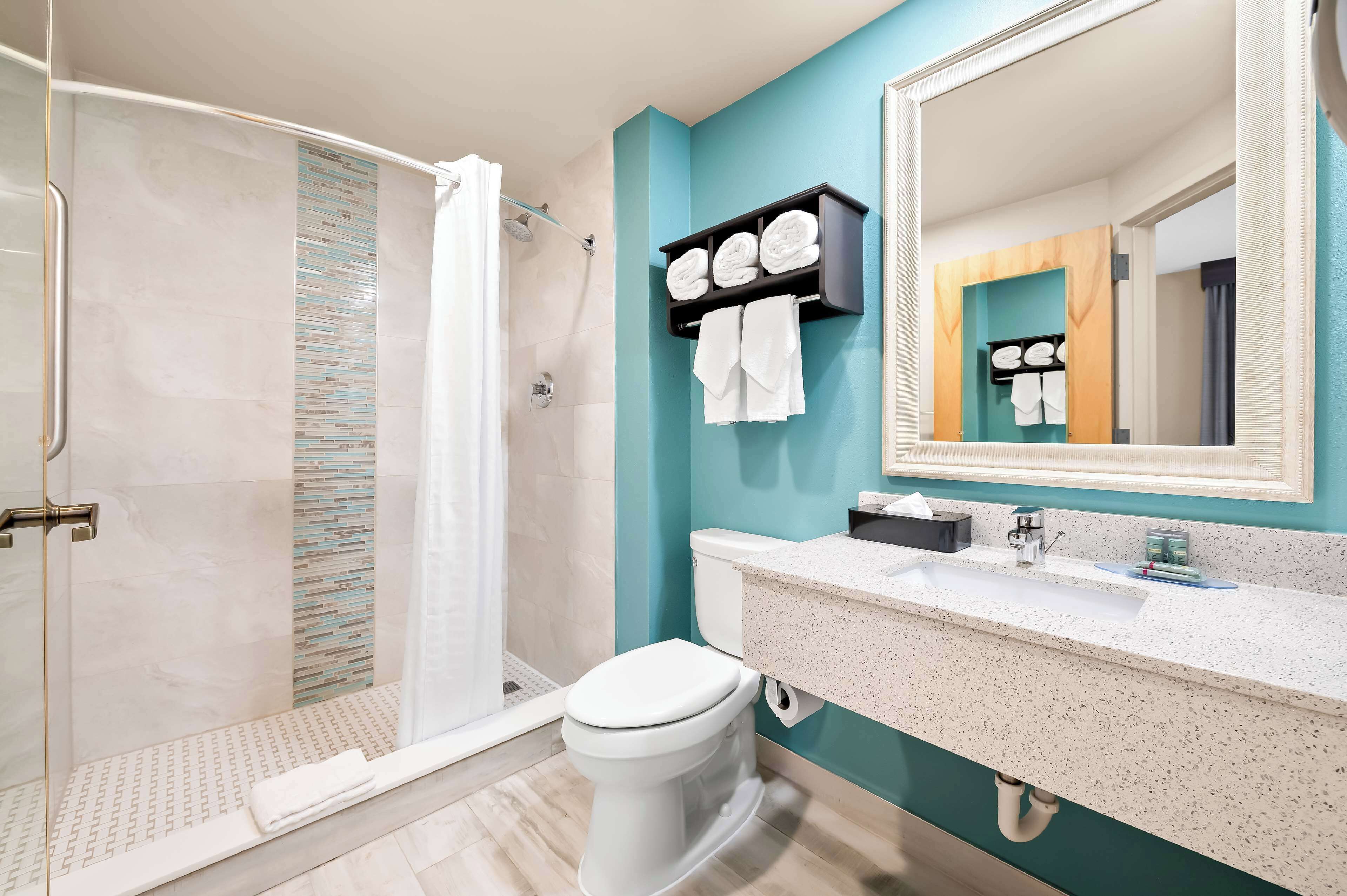 standard room, 2 queen beds, non smoking, refrigerator | bathroom | shower, free toiletries, hair dryer, towels