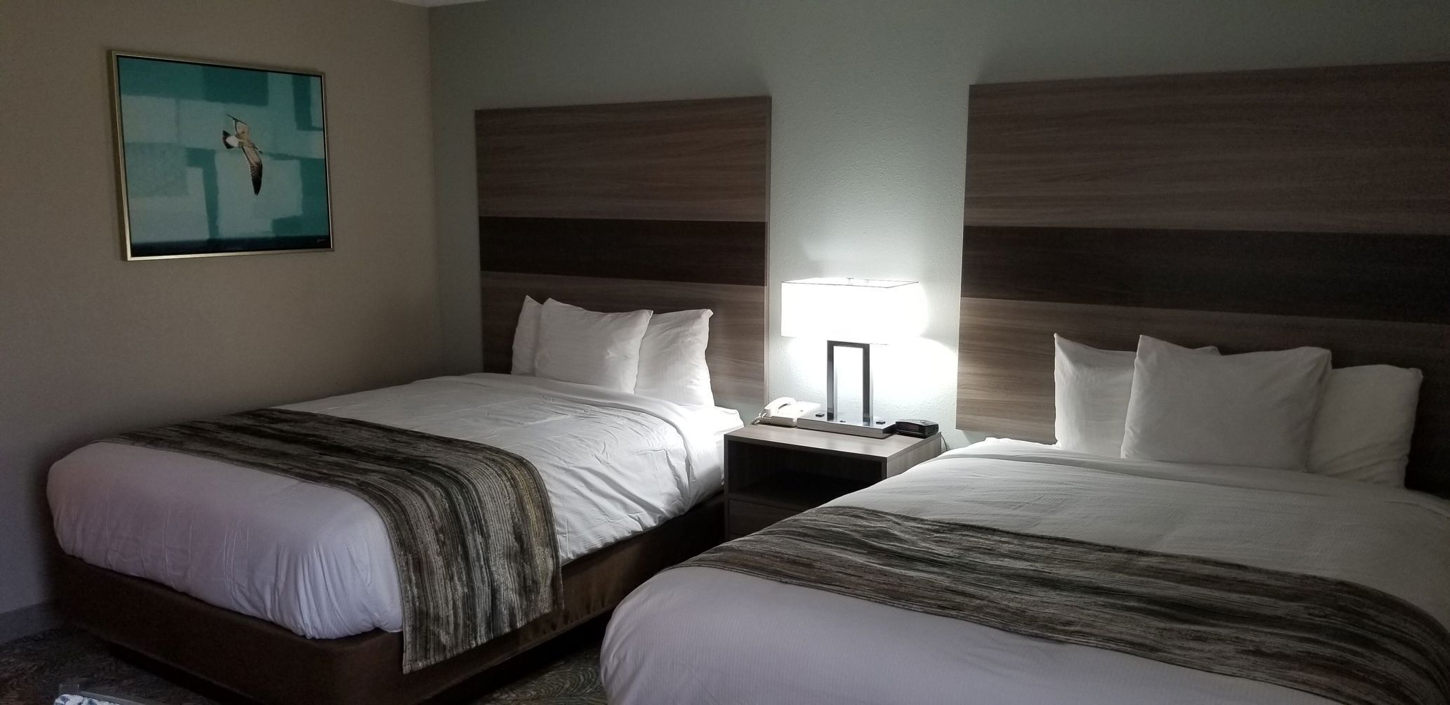 Bäddmadrasser, skrivbord, arbetsyta för laptop och mörkläggningsgardiner