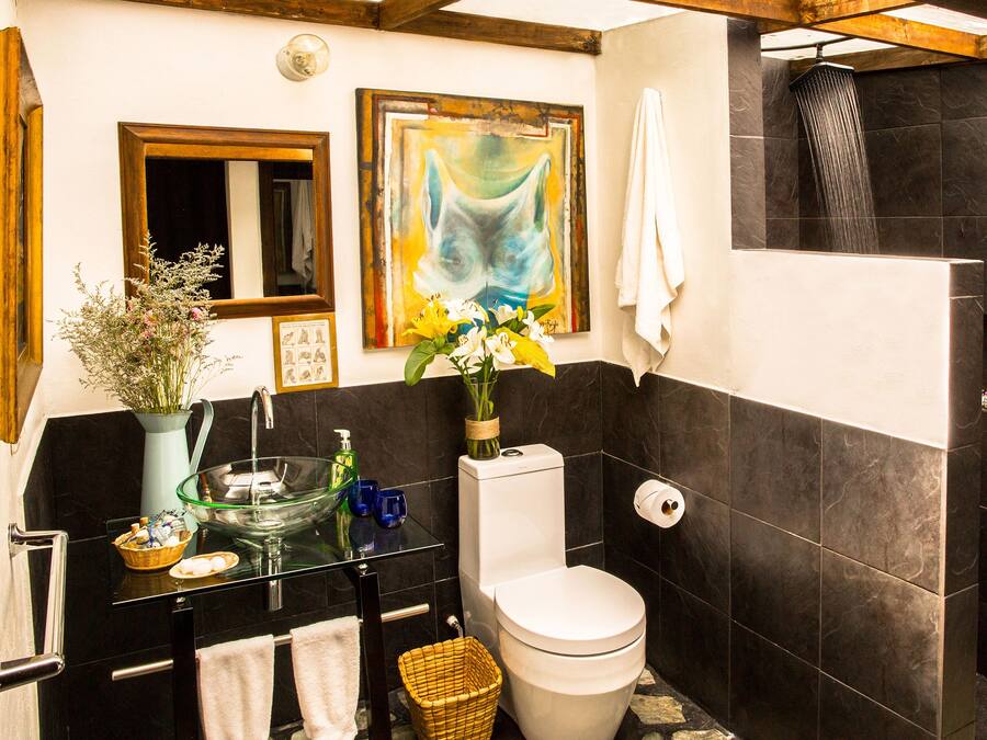 Un baño moderno con lavamanos de vidrio, inodoro blanco y zona de ducha.
