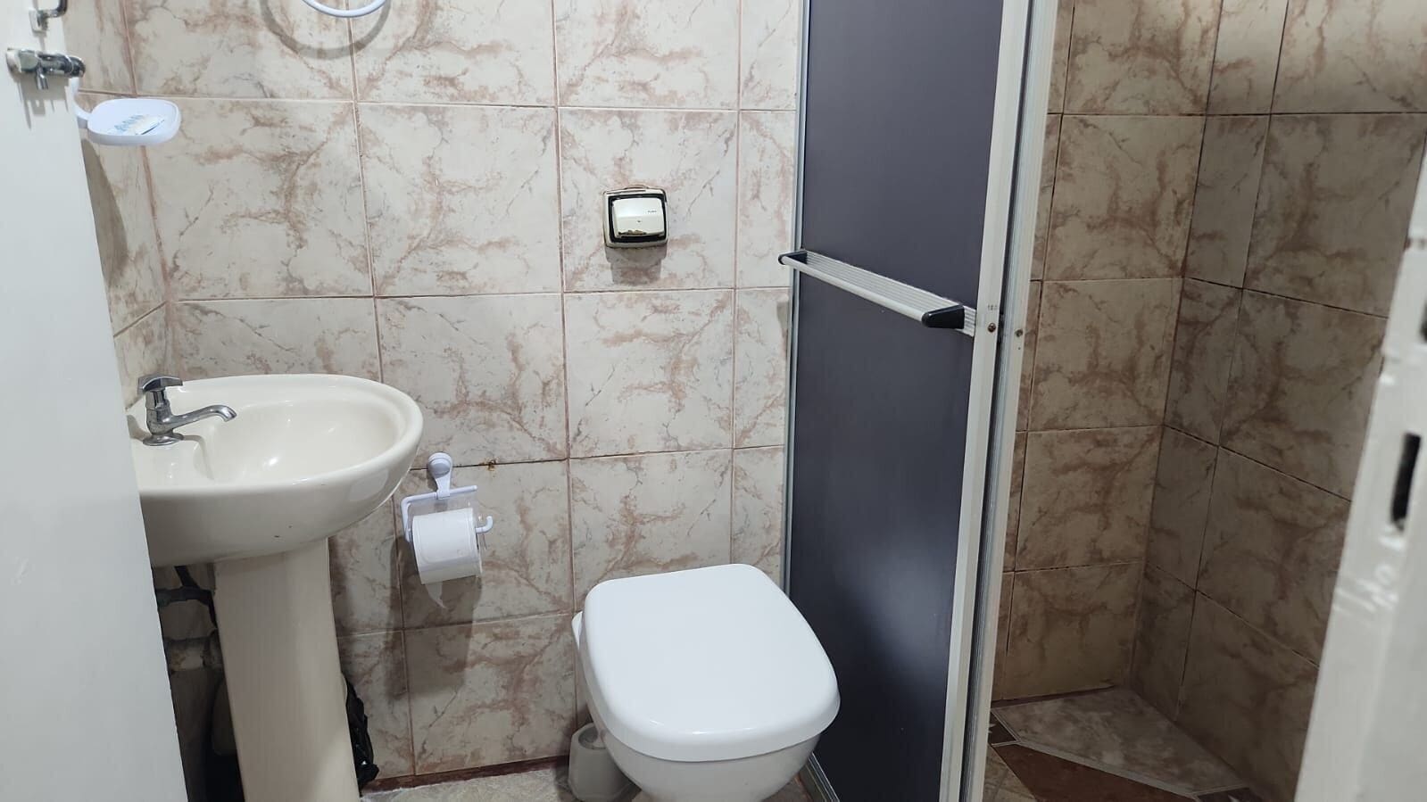 A bathroom with a sink, toilet, and shower stall.