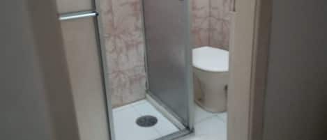 A bathroom with a shower enclosure, toilet, and tiled floor.