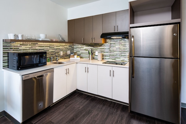 Full-sized fridge, microwave, dishwasher, coffee/tea maker