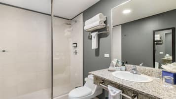 A modern bathroom with a glass shower enclosure, a white toilet, a granite countertop sink, and a large mirror.