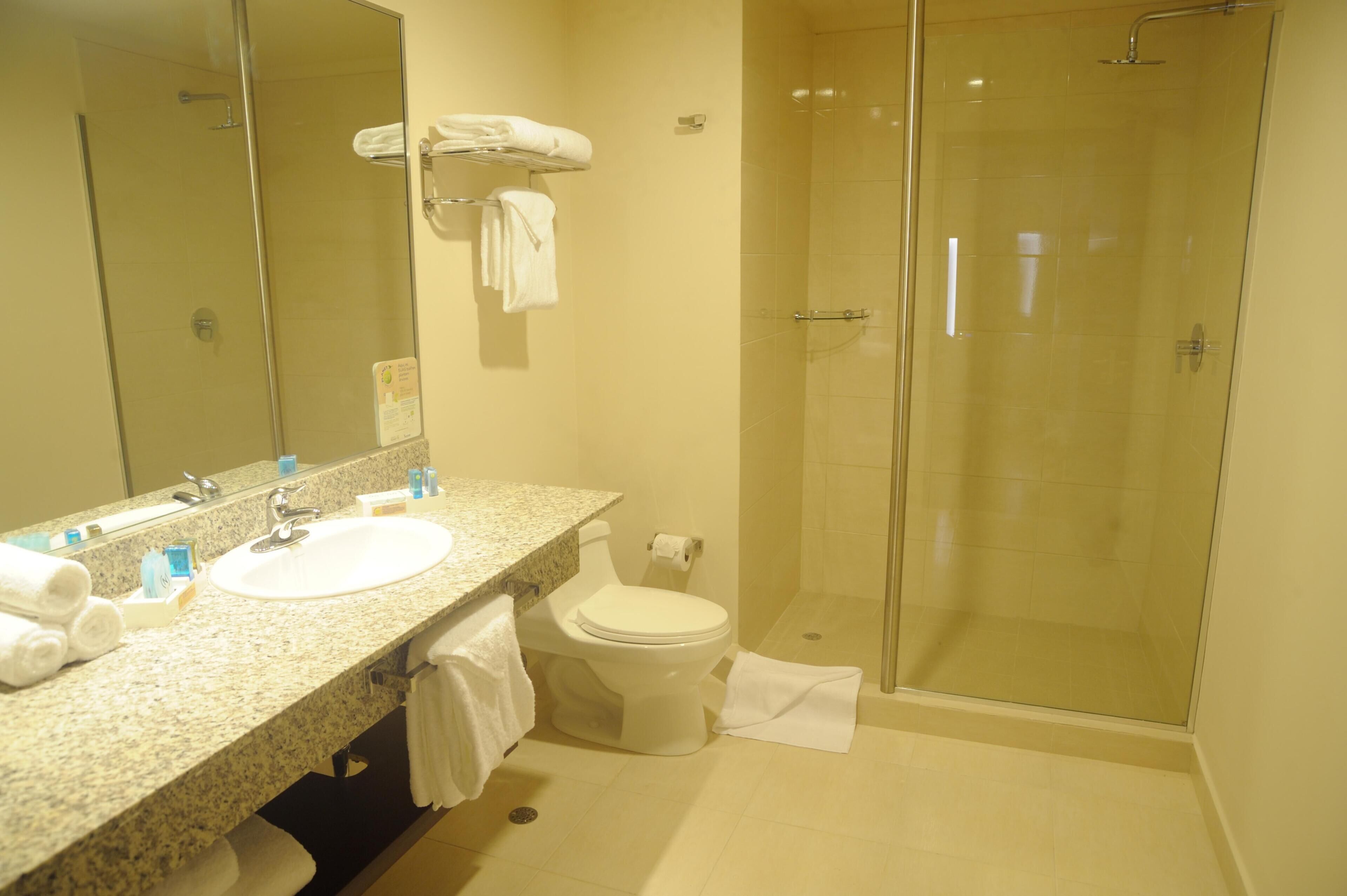 shower, eco-friendly toiletries, hair dryer, towels