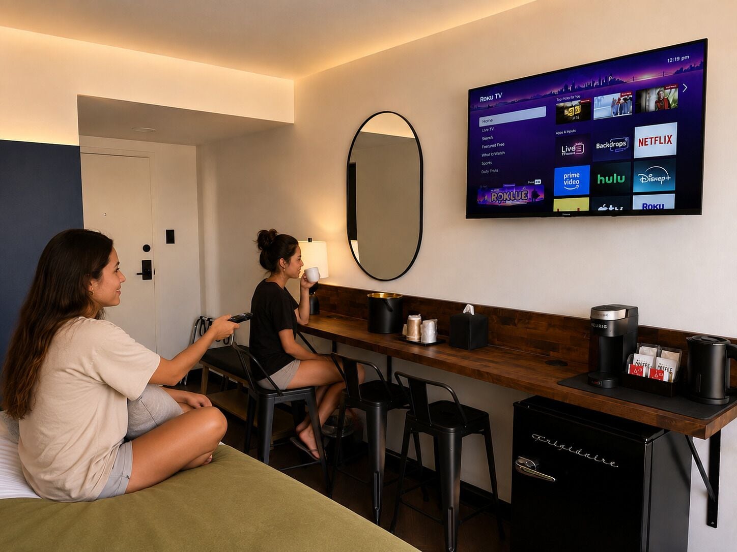 Une chambre d’hôtel équipée d’une télévision permettant d’accéder à divers services de diffusion en continu, d’un bureau en bois avec une machine à café et d’un miroir mural.