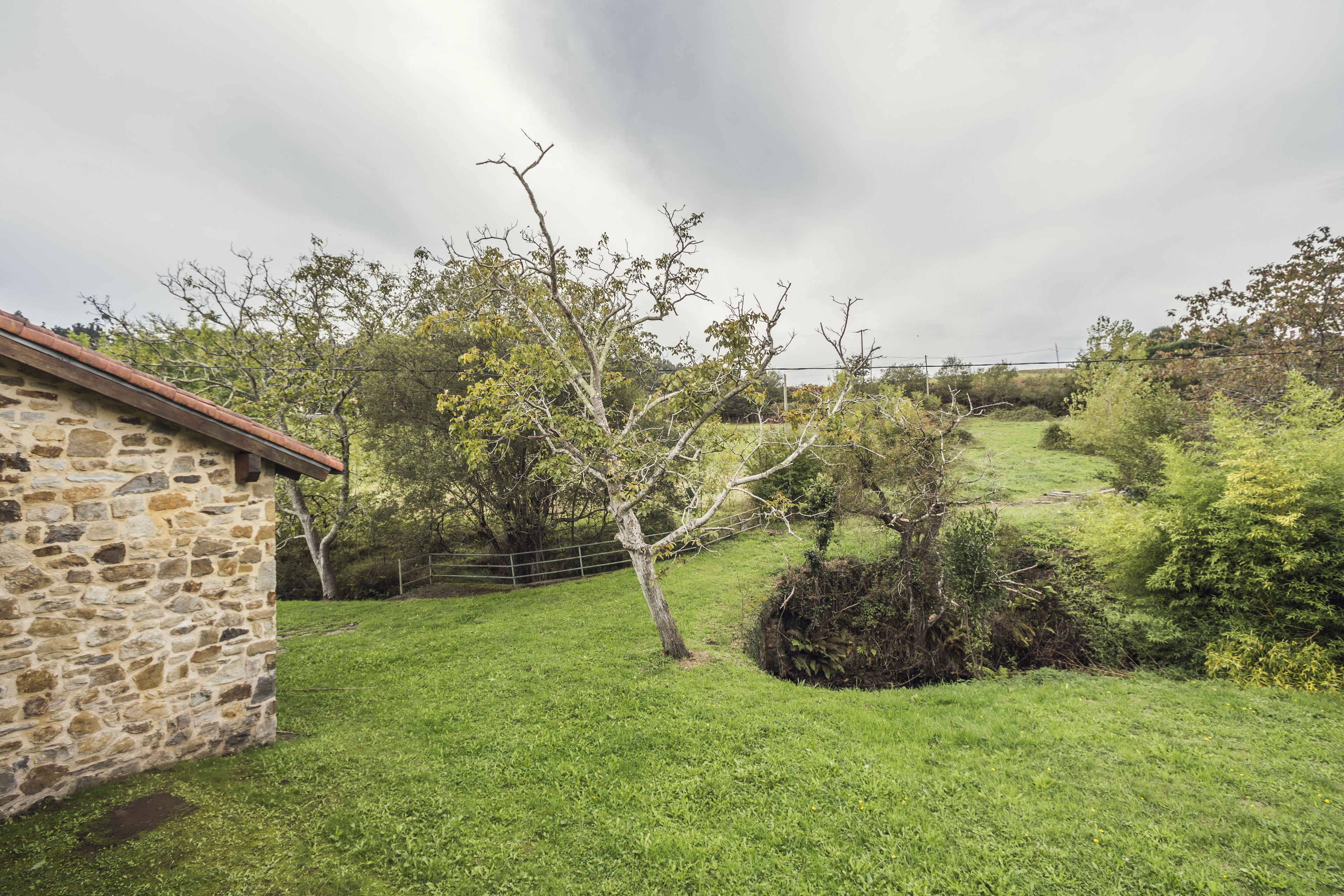 A stone building with a sloped roof, surrounded by a grassy yard and trees.