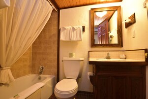 Bañera con ducha, secador de pelo, toallas