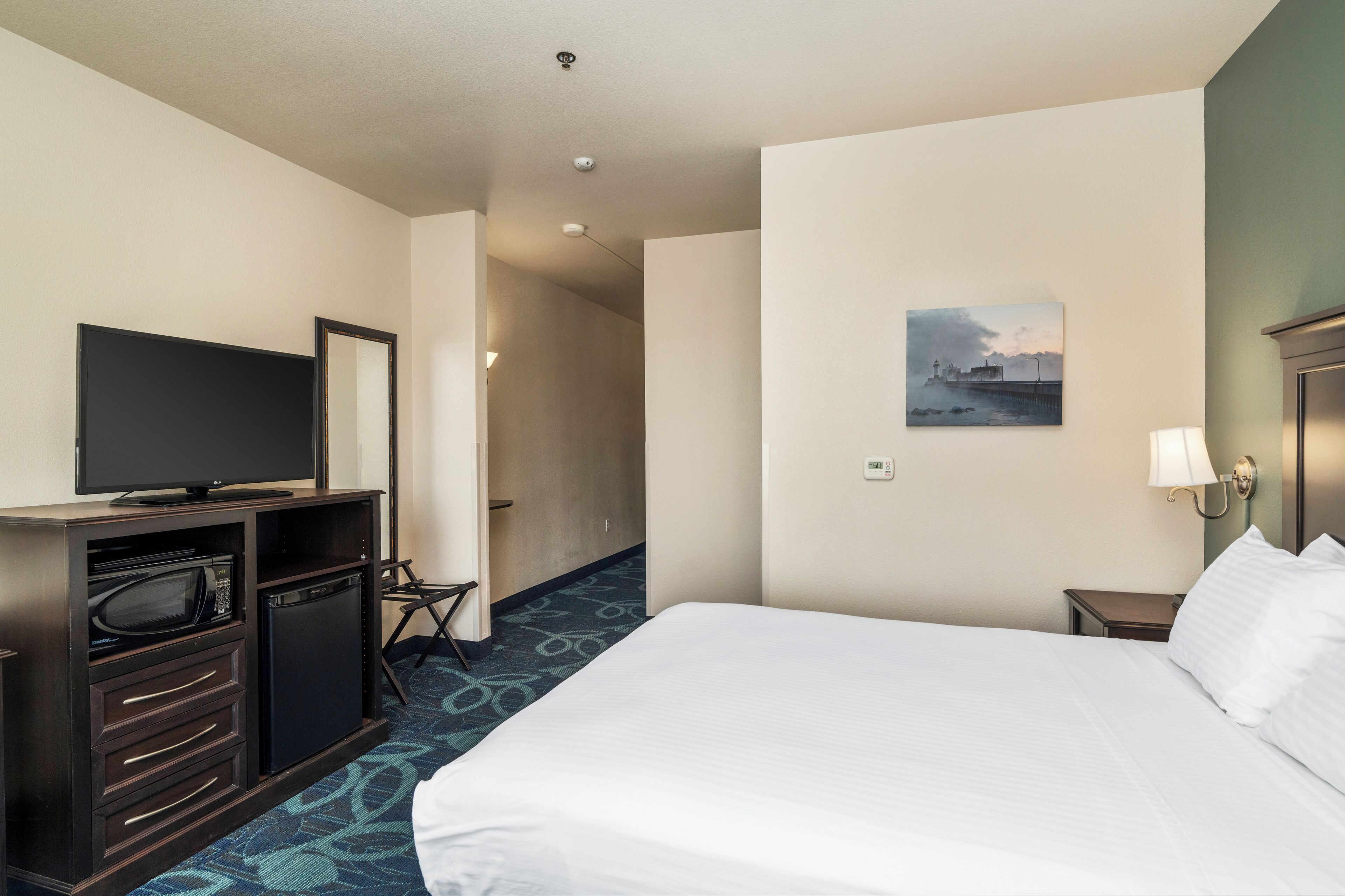 Une chambre d’hôtel équipée d’un lit, d’une télévision posée sur une commode, d’un four à micro-ondes et d’un petit réfrigérateur.