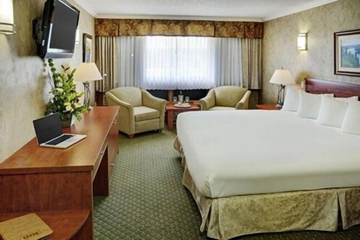 A hotel room with a bed, two armchairs, a desk with a laptop, a TV mounted on the wall, and a window with curtains.