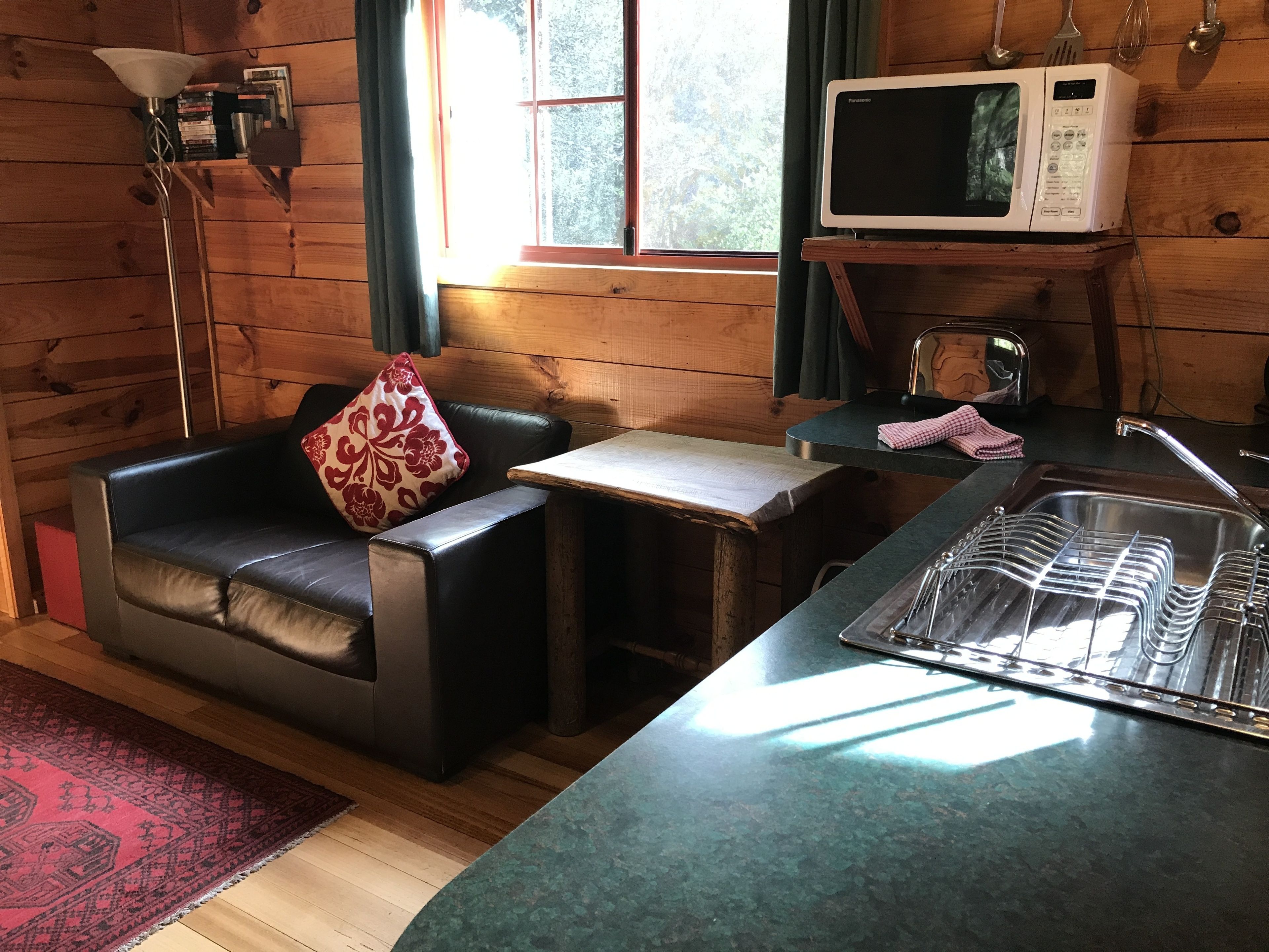A cozy cabin interior with a leather sofa, a small table, a microwave, and a sink.