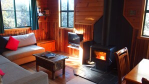 A cozy cabin interior with a sofa, a small table, a TV, and a wood-burning stove. - Cradle Highlander (Cradle Mountain)
